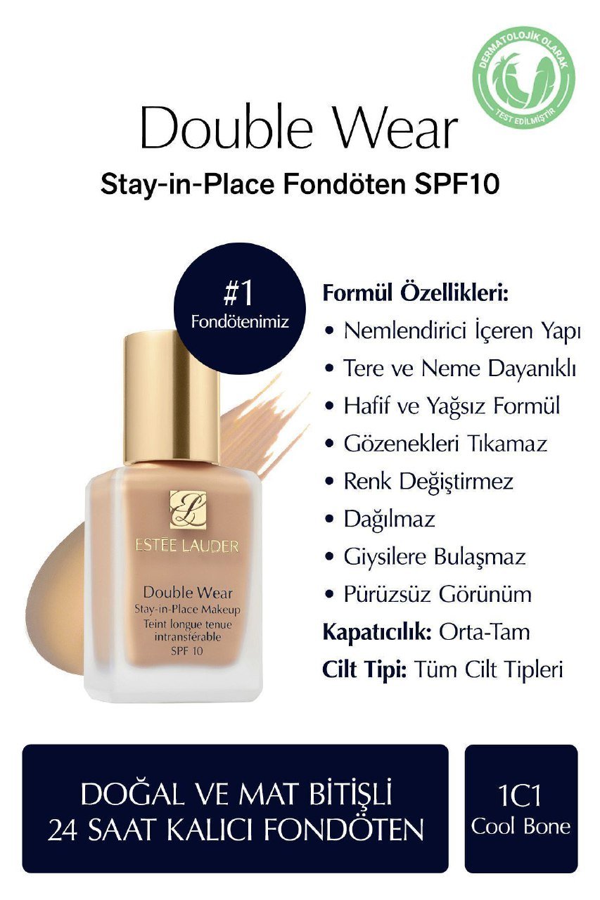 Estee Lauder Doğal ve Mat Bitişli – Double Wear Stay-in-Place Fondöten SPF 10 ( 1C1 Cool Bone) – 30 ml